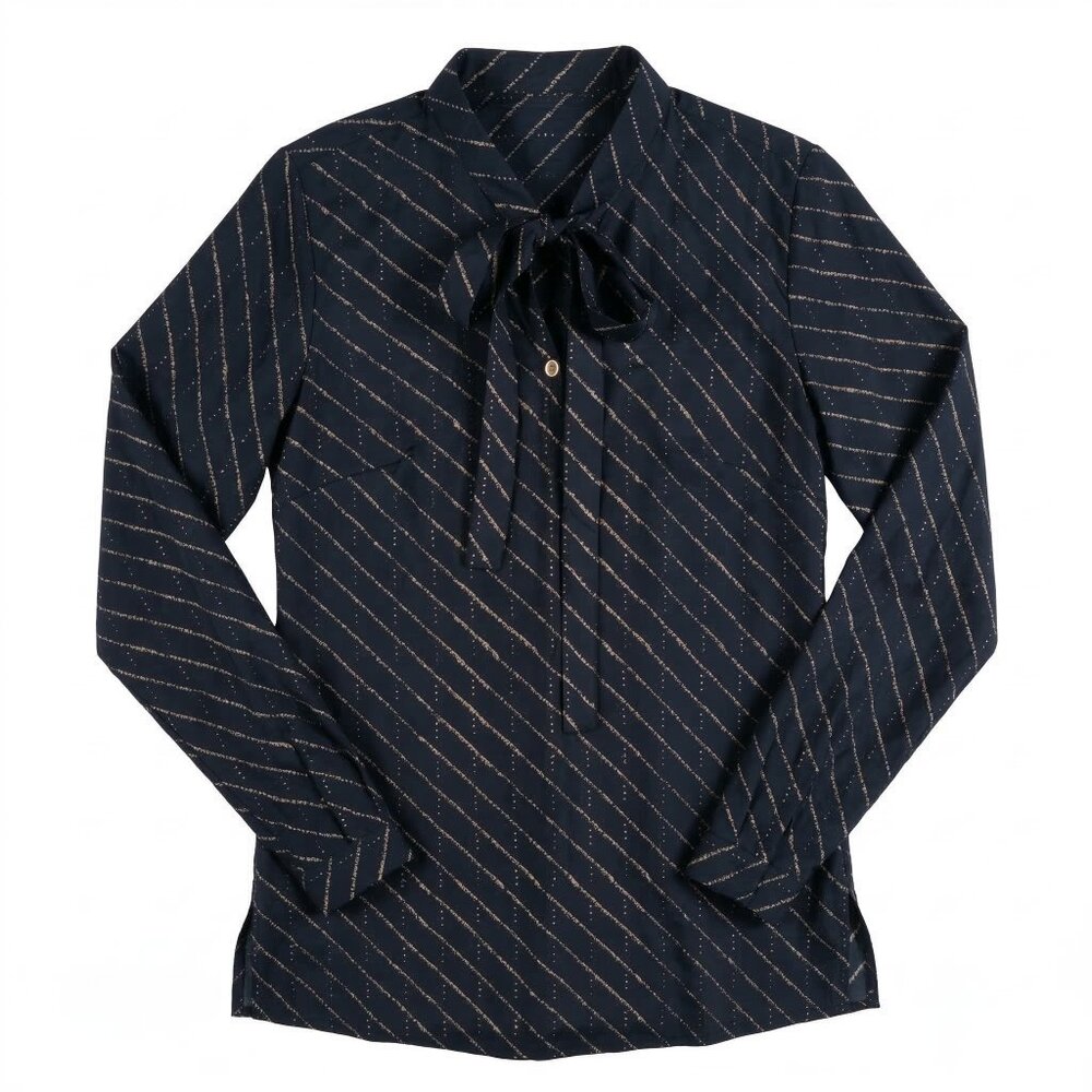 Layla Navy Blue Gold Blouse Diagonal Stripe Dot Tie Neck Bow Top Office Wear S